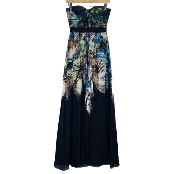 BCBGMaxAzria Dresses & Skirts - BCBGMaxazria Tae Strapless Silk Maxi Dress 2 Black Peacock Print Sweetheart Gown